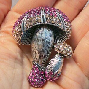Mushroom Brooch Silver Tone Pink Glass Stone Statement Pin – 2” Tall